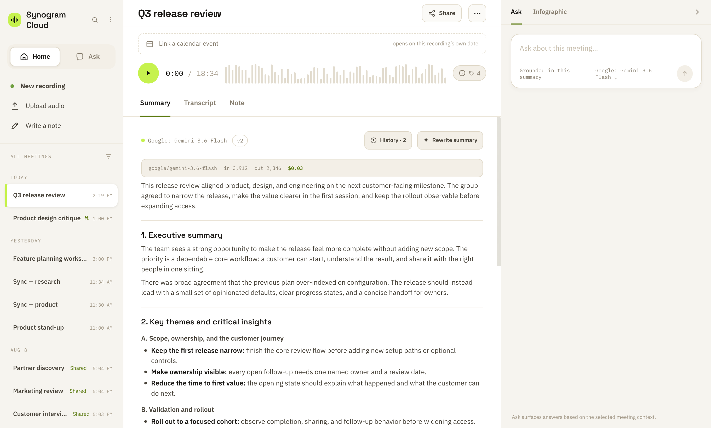 A meeting open in Synogram Cloud with its recording controls, AI summary and Ask workspace.