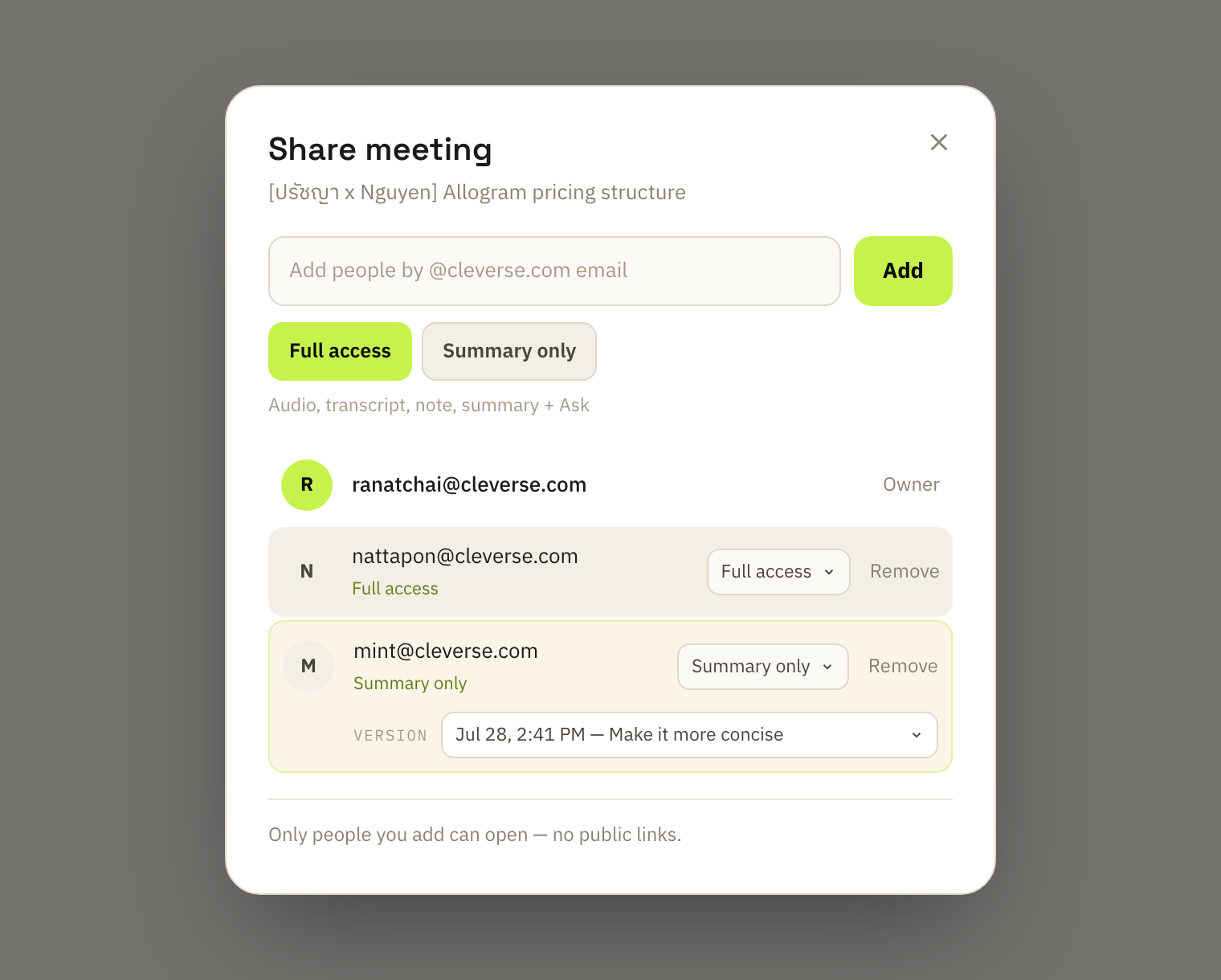 The share dialog showing per-person access tiers and summary version pinning.