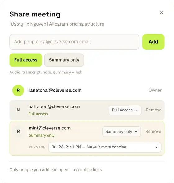 Share meeting dialog: one colleague with full access, another summary-only and pinned to a summary version. Only people you add can open.
