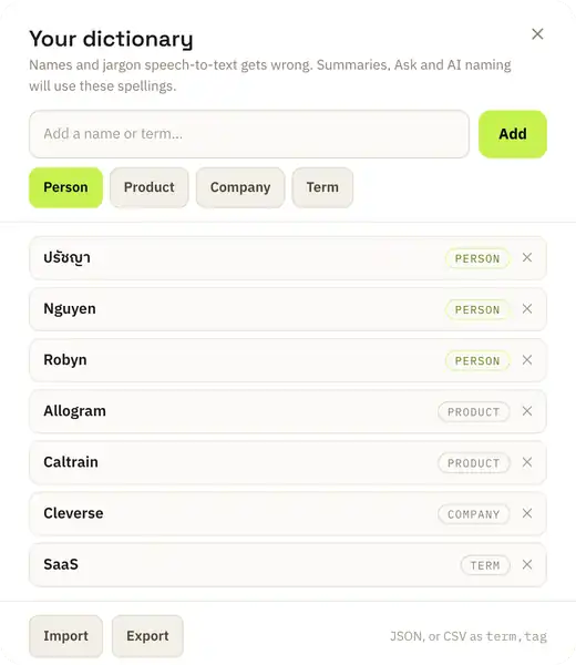 Your dictionary: people, products, a company and a term, each tagged, with Import and Export.