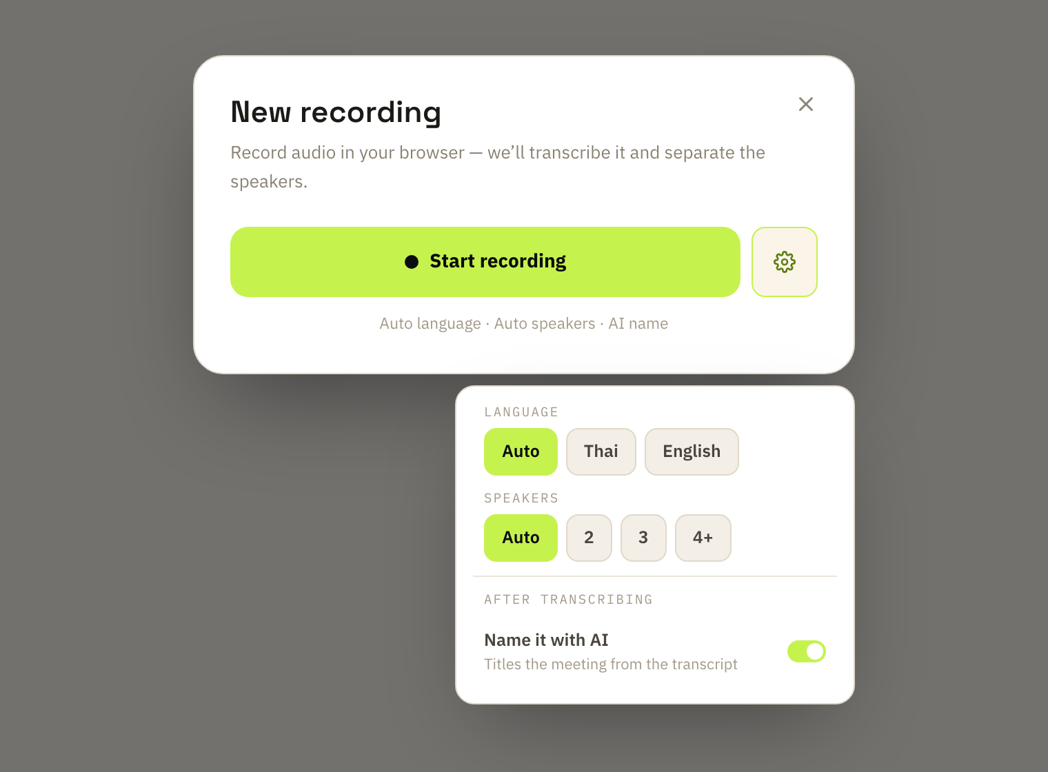 Synogram's New recording dialog with language, speaker and AI title settings.