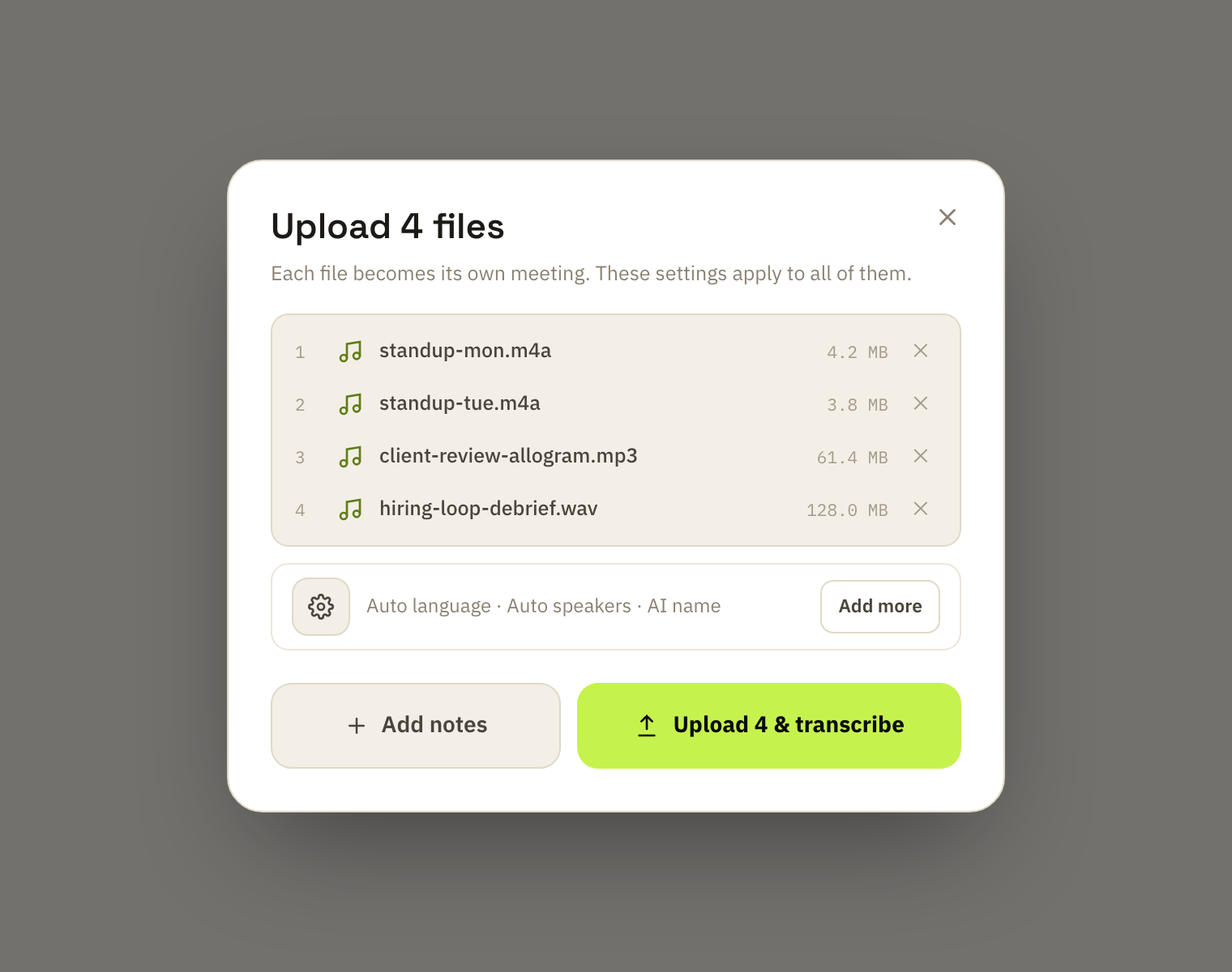 Synogram's batch upload dialog showing four audio files, shared settings and an Upload & transcribe button.