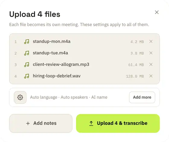 Upload 4 files dialog: each file becomes its own meeting with one set of settings.